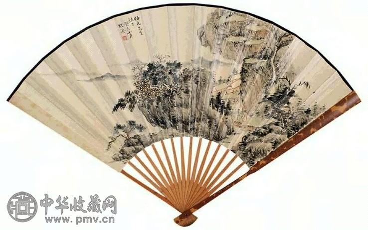 顾飞 癸未(1943年)作 溪山访友图 扇面 设色笺本