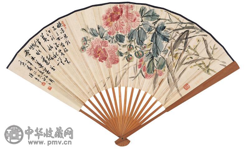 陈半丁 罗惇曧 花卉 书法 成扇 纸本