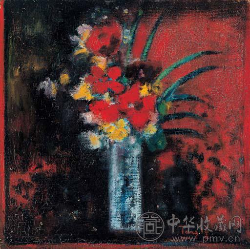 唐海文 红色背景前的花束 油画 画布