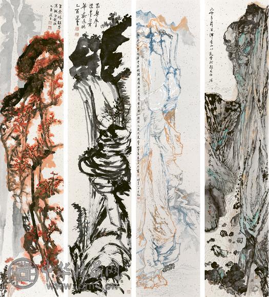 饶宗颐 2005年作 四山佳处(4幅) 立轴 设色洒金纸本