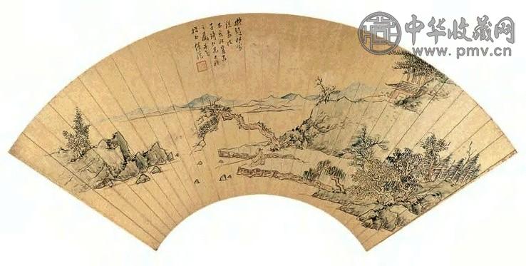 僧陀 1935年作 秋江垂钓图 扇面 设色泥金笺本