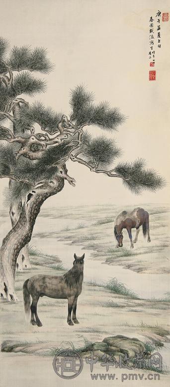 载瀛 庚午(1930年)作 双马 立轴 绢本设色