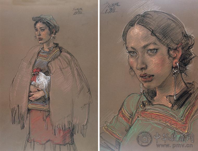 庞茂琨 少女(2幅) 粉彩