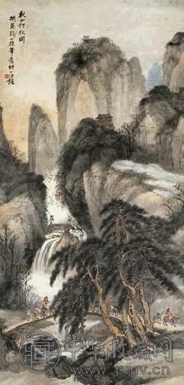 汪仲山 秋山行旅图 立轴 设色纸本