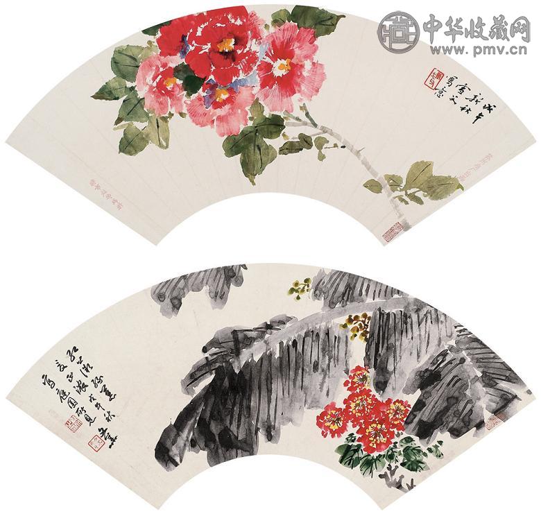 张雪父 郁文华 戊午(1978年)作 芙蓉 红薇绿蕉(2幅) 扇面 设色纸本