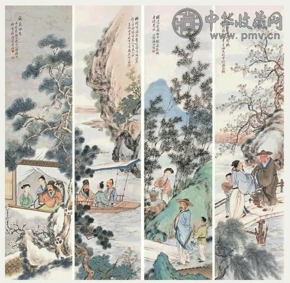 潘琪 1928年作 人物 四屏 设色纸本