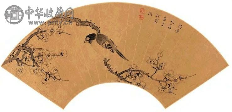 清 张昉 墨梅栖禽 扇面