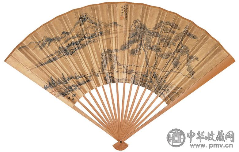 江采 1944年作 松山访友 月季 成扇 泥金笺设色纸本