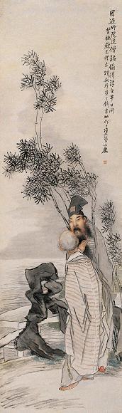 钱书城 竹院话僧图 立轴 设色纸本