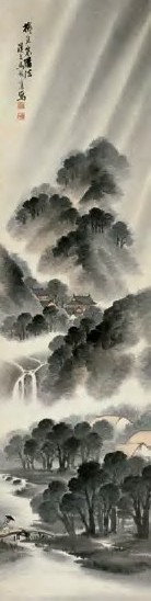 马汉三 山村雨过图 立轴 设色纸本