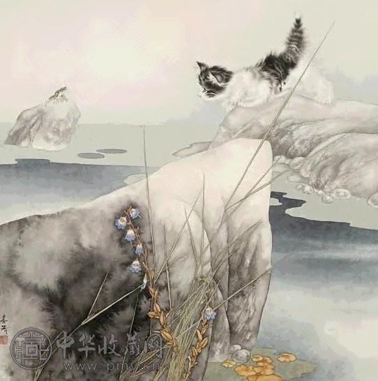 米春茂 猫蛙图 镜心 设色纸本