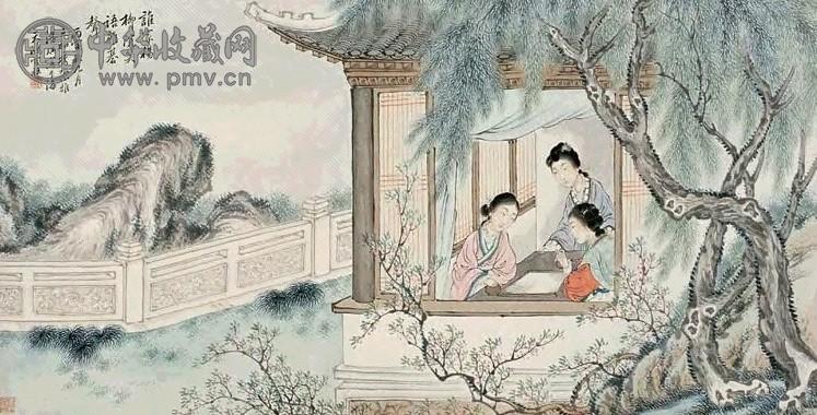 潘琪 春闺谐乐 横幅 设色纸本