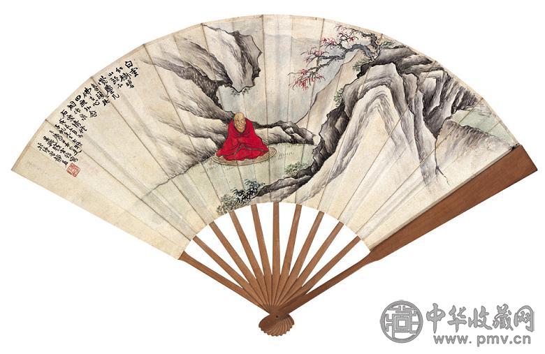 钱云鹤 杨了公 红衣罗汉图 书法 成扇 设色纸本