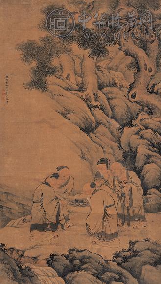 郑岱 寿山福海图 立轴 设色绢本