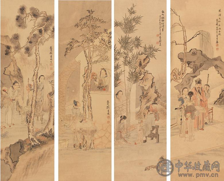 钱书城 仕女 四屏 设色纸本