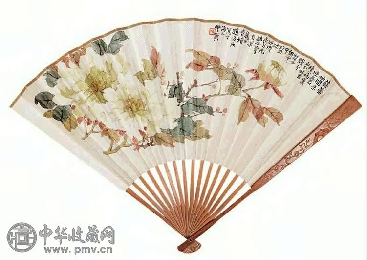 赵俊民 壬午(1942年)作 花卉图并行书 成扇 设色笺本