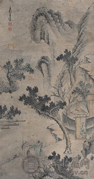 叶道本 山水人物 立轴 设色纸本