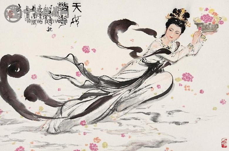 陈政明 天女散花 镜心