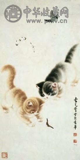 曹克黉 现代 猫蝶图 轴