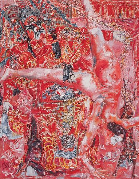 贾涤非 2001年作 有九尾狐的尴尬图 布面油彩