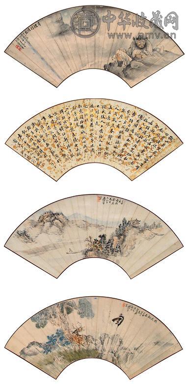 吴伯年 刘隽儒 书画四挖 立轴 设色纸本