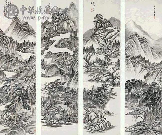 薛宣 1729年作 仿古山水 四屏 水墨或设色纸本