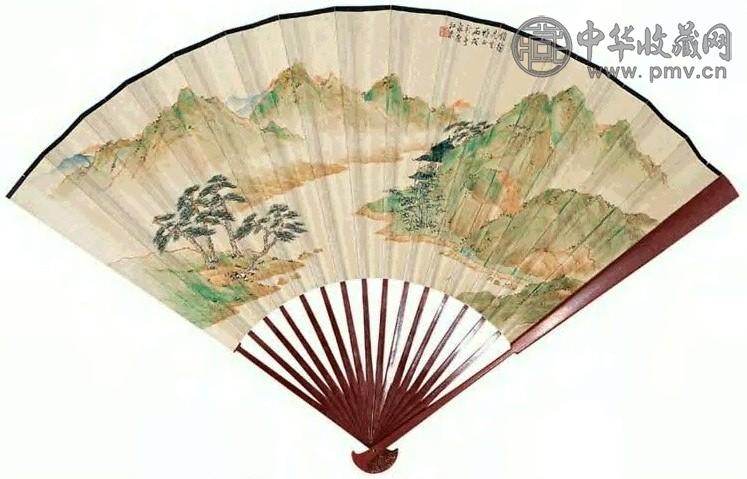 江采 1946年作 青山对语图 扇面 设色纸本