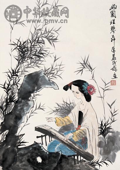 盖茂森 己卯(1999年) 幽园理琴 立轴 设色纸本