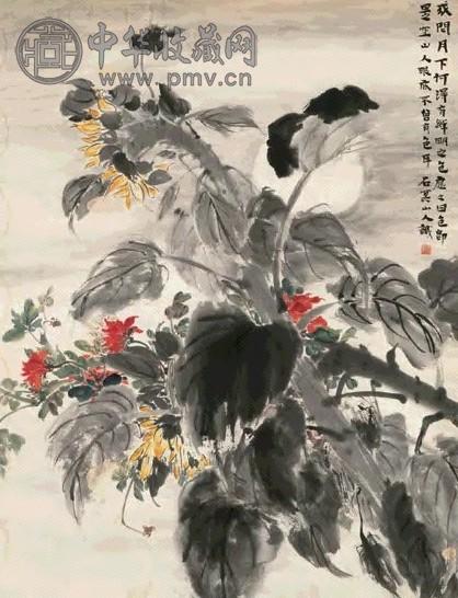 邱石冥 花好月圆 立轴 设色纸本