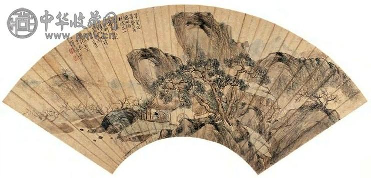 管希宁 1750年作 松荫草堂图 扇面 设色泥金笺本