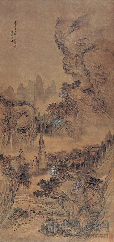 李诂 高岩古寺图 立轴 设色绢本