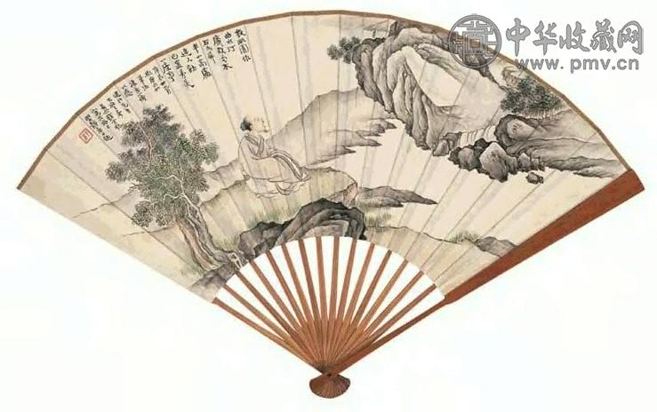 钱云鹤 1940年作 望山图并楷书五言诗 扇面 设色纸本