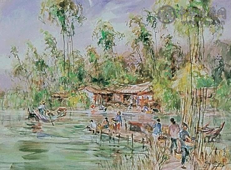 蓝荫鼎 1968年作 溪边人家 水彩纸本