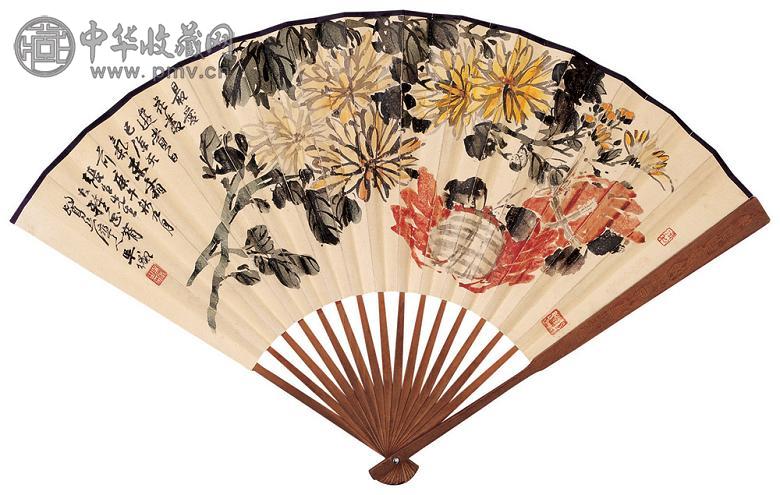 吴徵 王俊 1930年作 菊黄蟹肥 山水 成扇 设色纸本