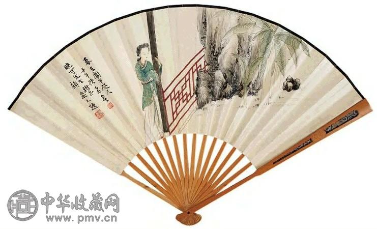 顾飞 1942年作 倚栏观景图 篆书 扇面 设色笺本