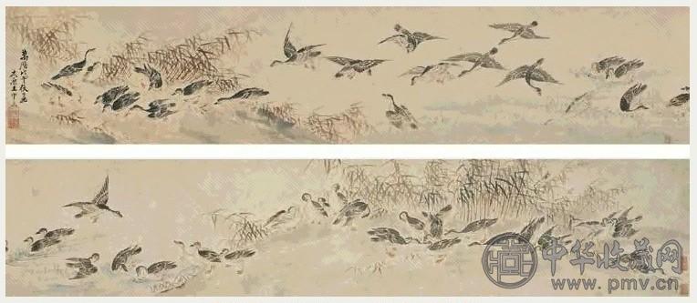 王中立 百雁图 手卷 设色纸本