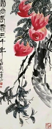 齐秉正 寿桃图 轴 设色纸本