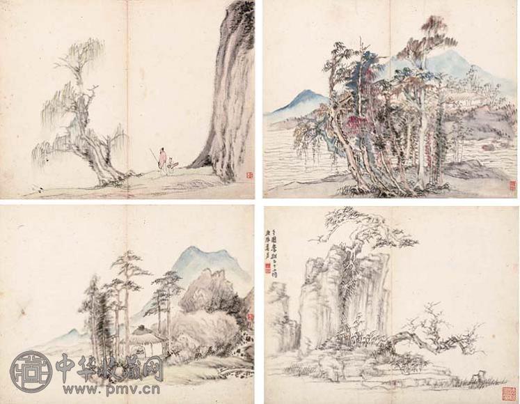 吴麐 一七六零年作 仿古山水 册页(12开选4) 水墨或设色纸本