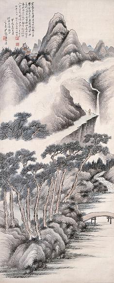 姜筠 尹溎 甲戌(1874年)作 云山悬瀑 立轴 设色绢本