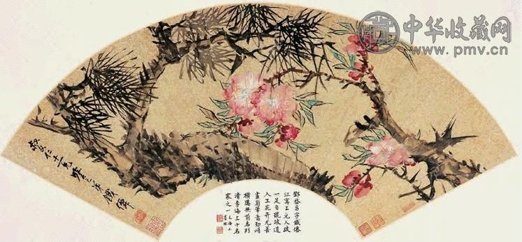 邓启昌 青松红雨 扇面 设色洒金