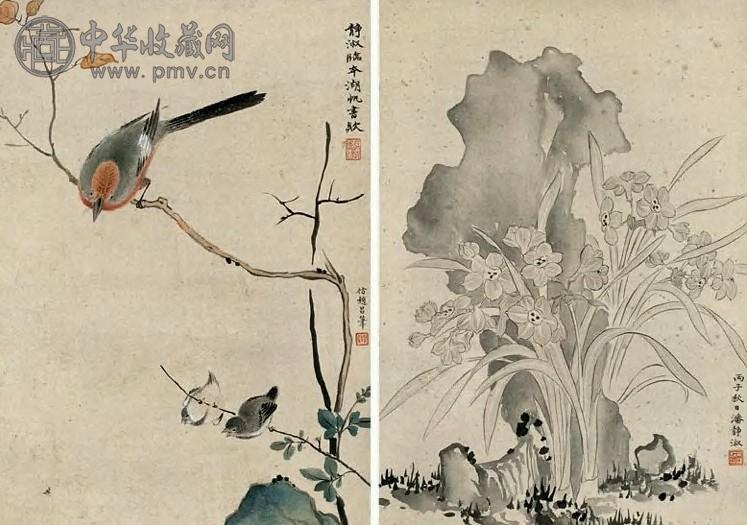 潘静淑 1936年作 寒枝栖雀图并水仙傍石图 镜心 设色绢本