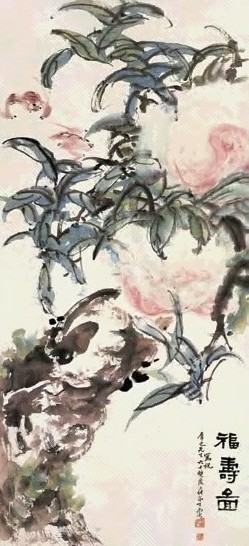 丁二仲 福寿图 立轴 设色纸本