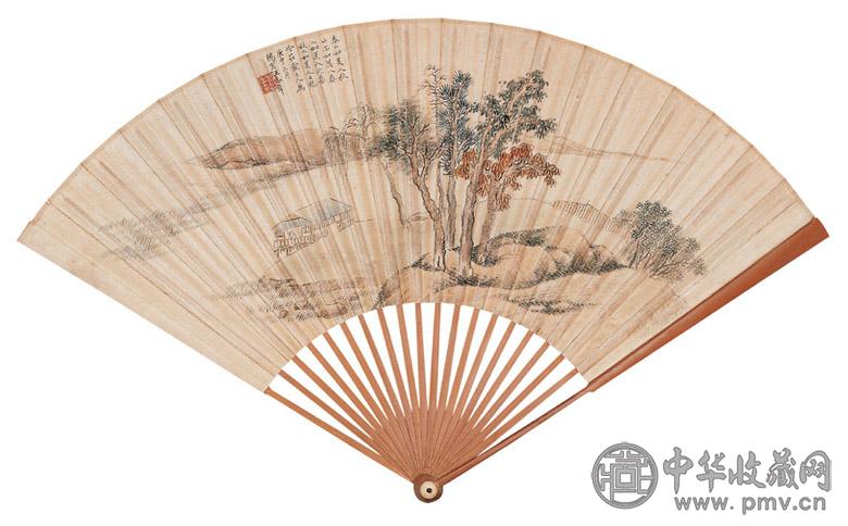 汪洛年 散原 1920年作 设色山水 行书 成扇 设色纸本