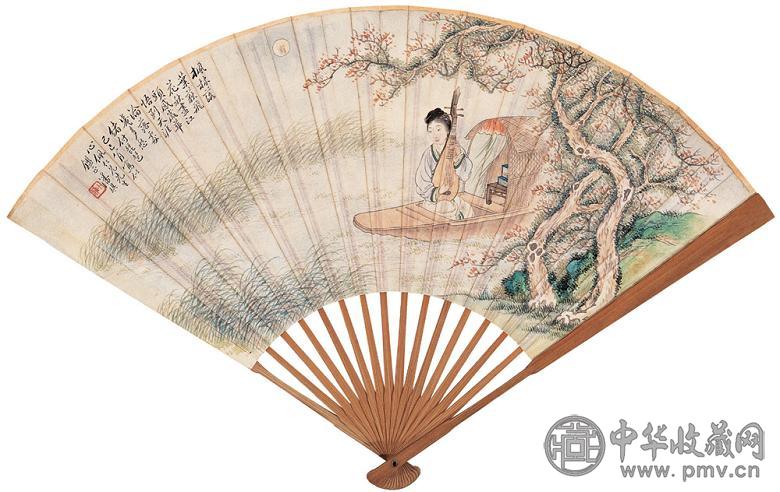 潘琪 胡伯洲 湖山烟雨图 琵琶玉人图 成扇 设色纸本