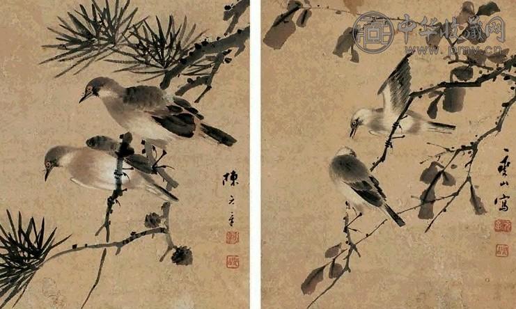陈元章 花鸟图 双挖 轴 设色纸本