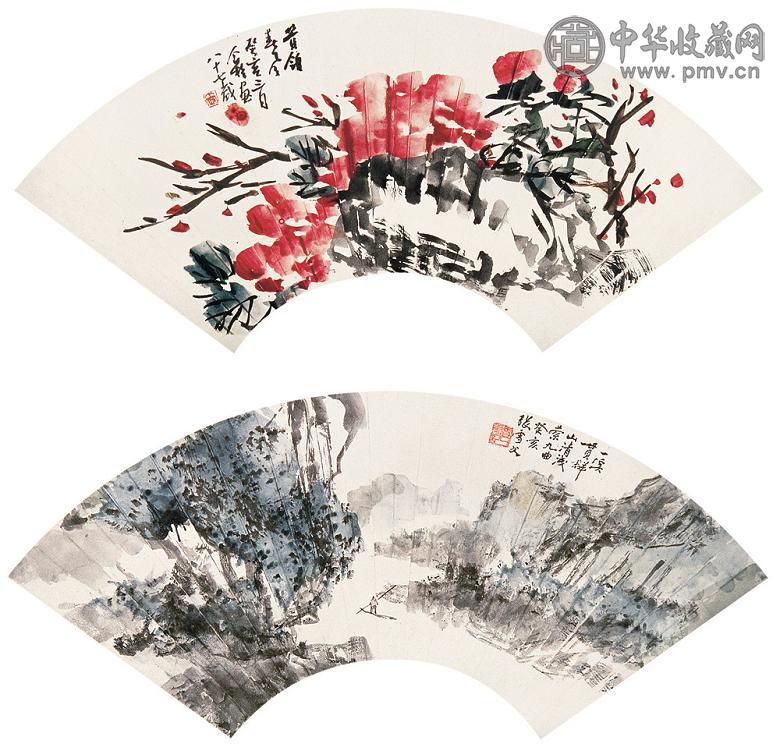 王个簃 张雪父 花卉山水 扇面(2开) 设色笺本