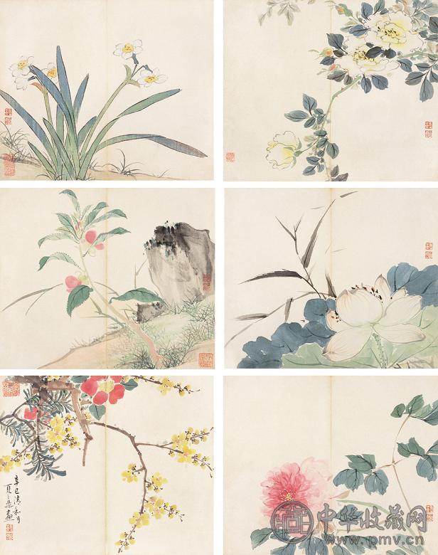 夏之鼎 辛巳(1821年)作 花卉册 册页(16开选6) 设色纸本