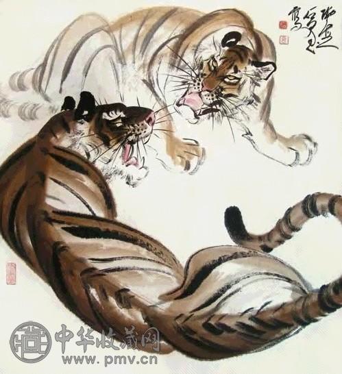 石愚 双虎 立轴 设色