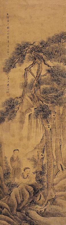 何翀 松下高士 立轴 设色绢本