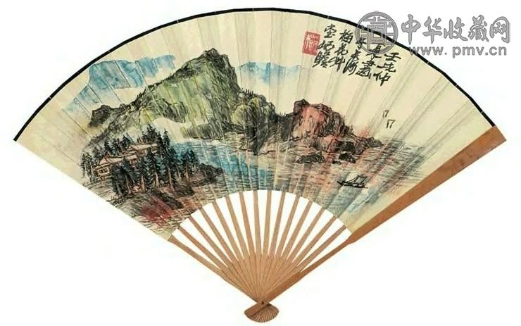 朱屺瞻 胡问遂 壬戌(1982年)作 秋山帆影 书法 成扇 设色纸本